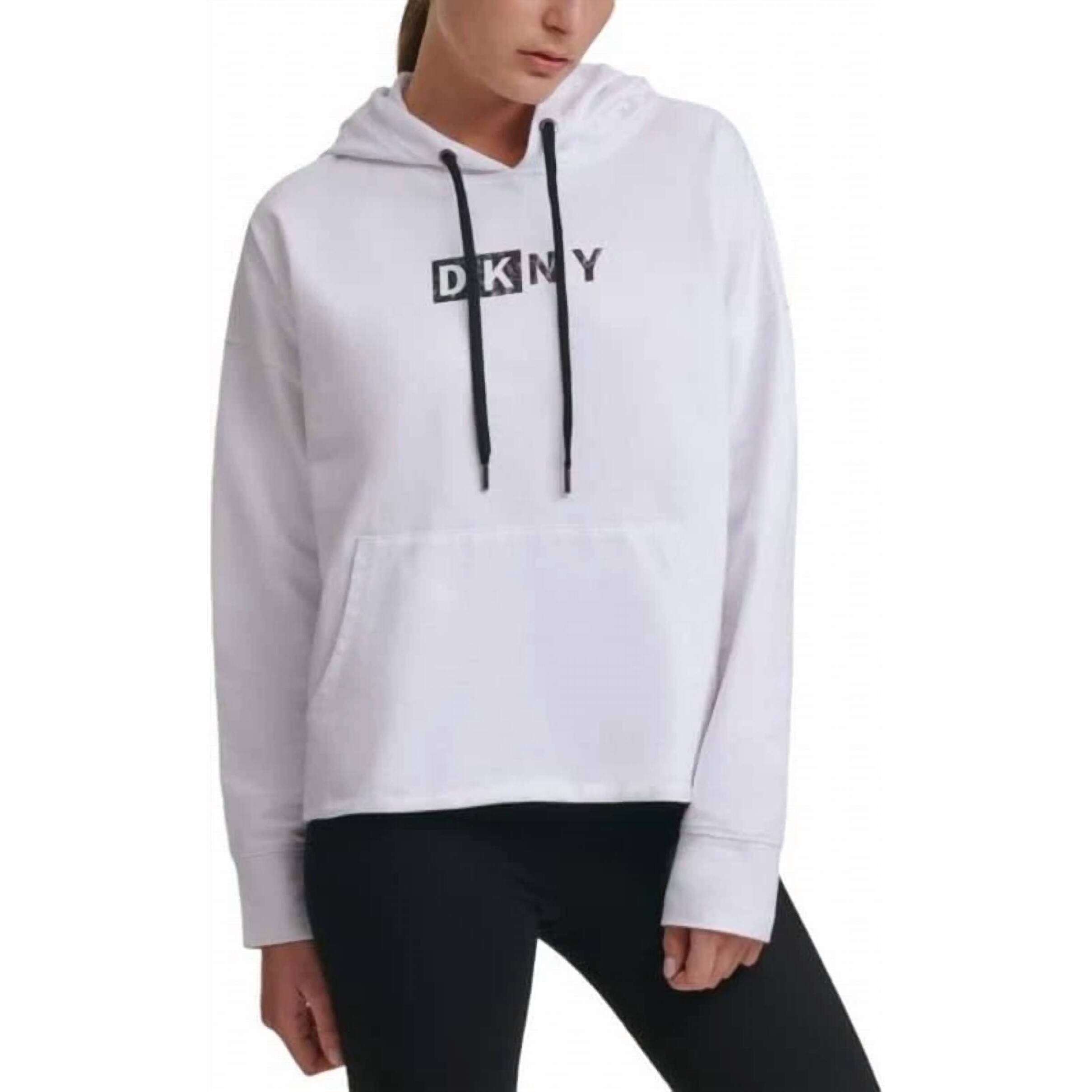 New Dkny Activewear Sport Logo Hooded Cotton Sweatshirt In White